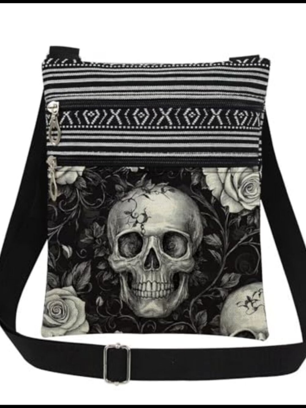 Skull Crossbody Bag Polyester Messenger Adjustable Strap Zipper Pouch